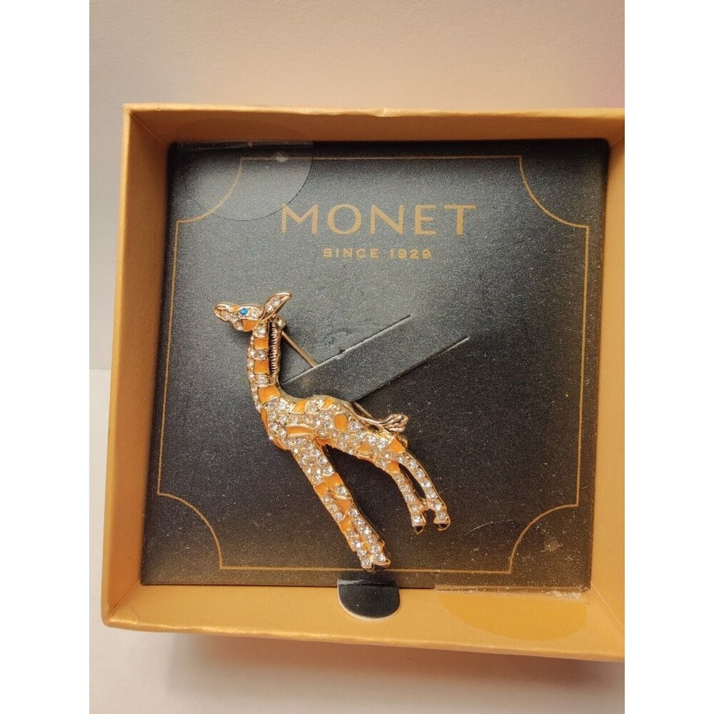 Monet Reaching Giraffe Rhinestone & Enamel Gold Tone Pin Brooch NWT